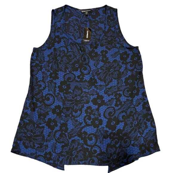 Express Blue Floral Sleeveless Split Back Casual Blouse Black Size Small NWT - Picture 4 of 8